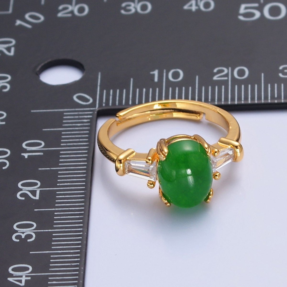 24K Gold Filled Oval Green Kade with Baguette CZ Statement Ring O-773