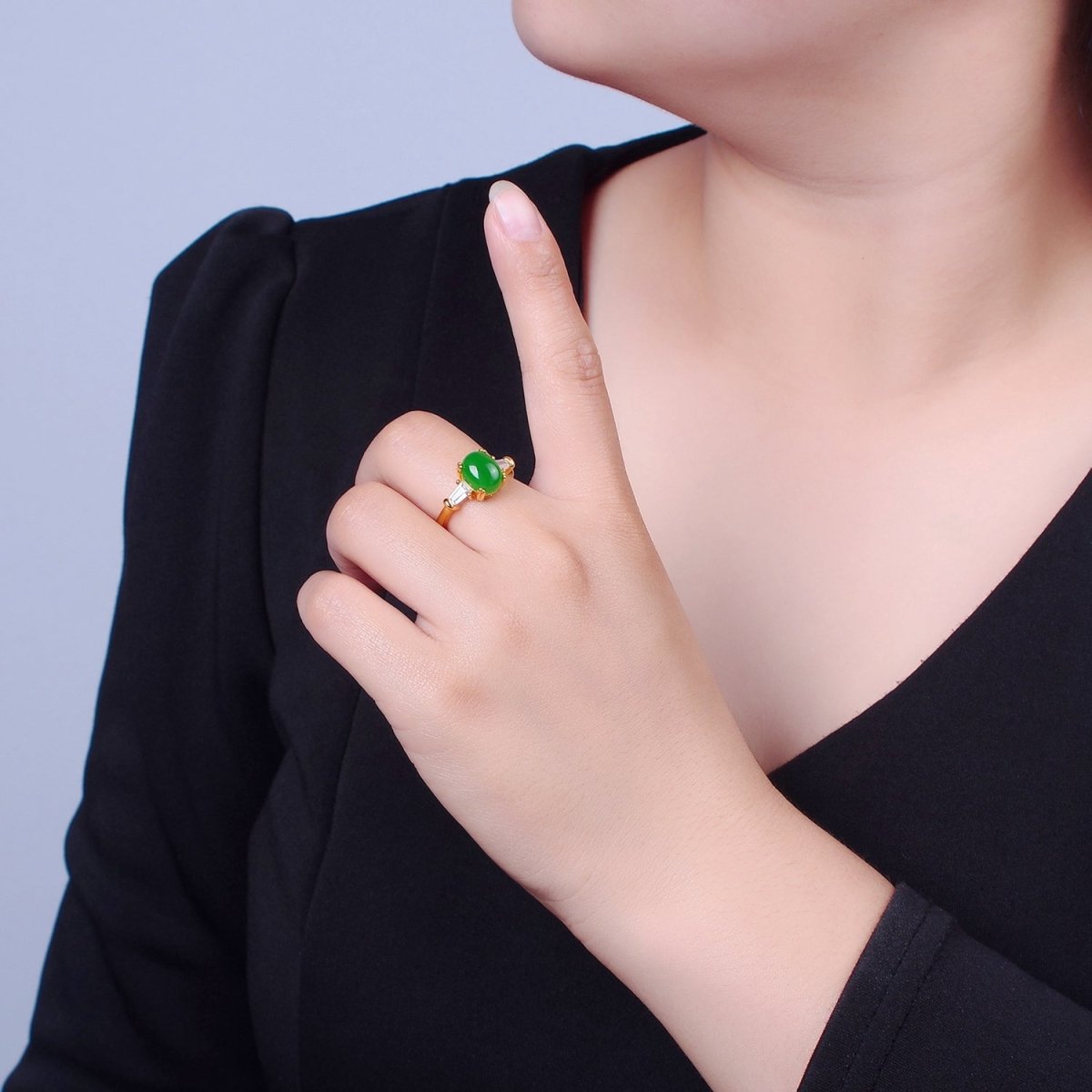 24K Gold Filled Oval Green Kade with Baguette CZ Statement Ring O-773