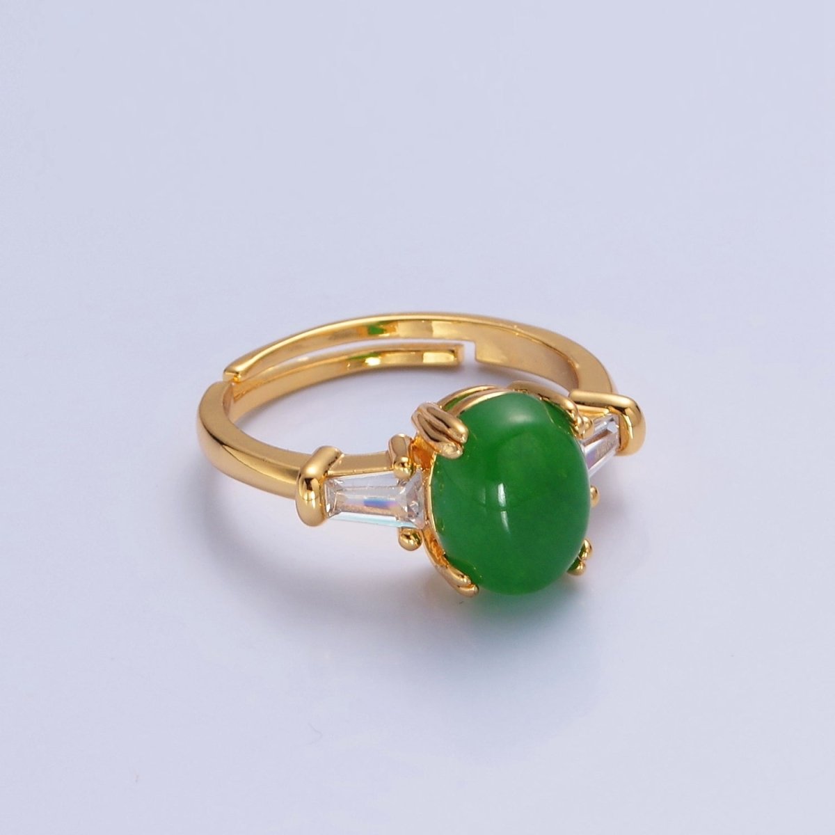 24K Gold Filled Oval Green Kade with Baguette CZ Statement Ring O-773