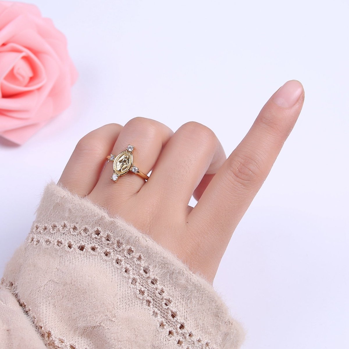 24K Gold Filled Oval Virgin Mary Ring, Crystal Zirconia CZ Adjustable Stacking Ring, Gift For Her | U-468