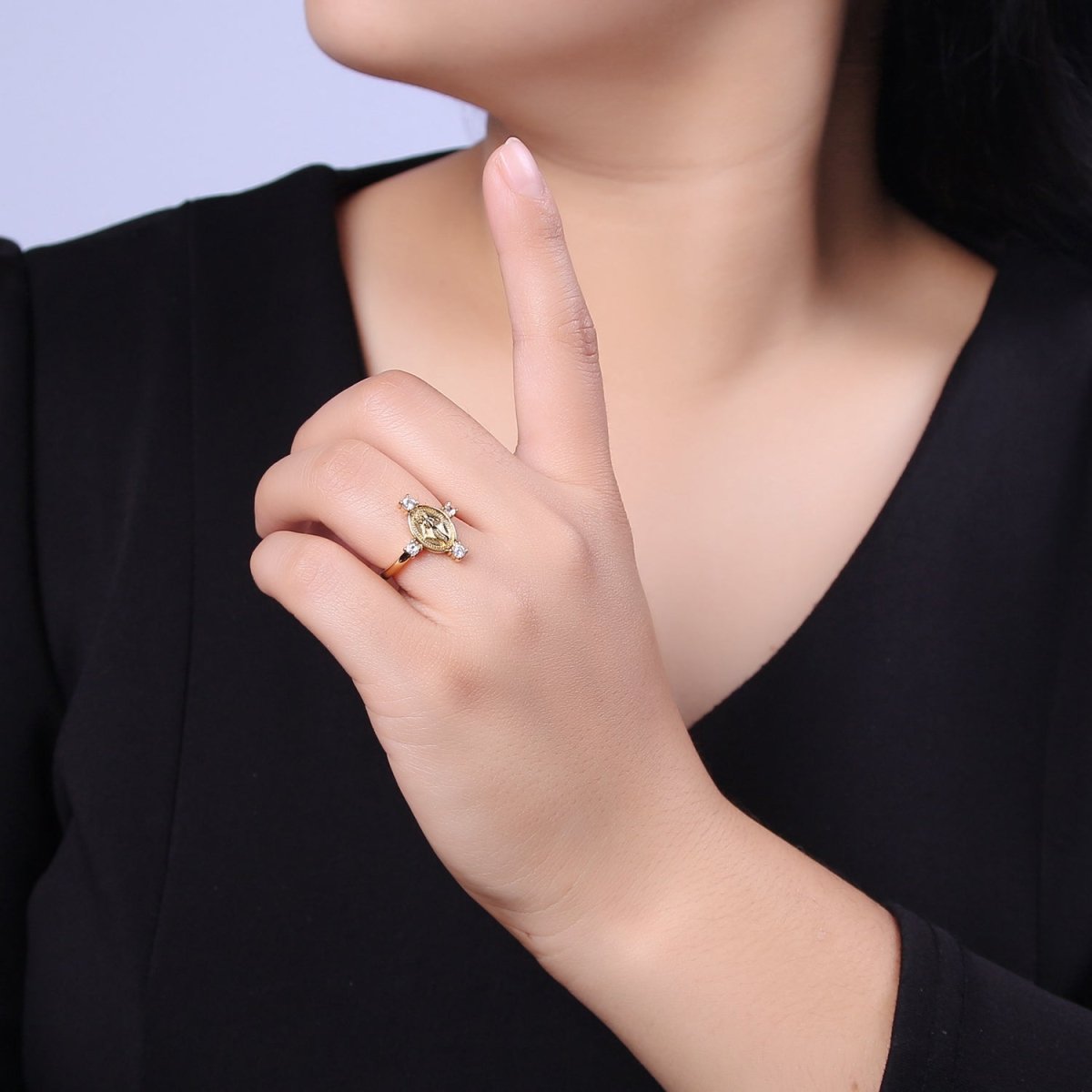 24K Gold Filled Oval Virgin Mary Ring, Crystal Zirconia CZ Adjustable Stacking Ring, Gift For Her | U-468