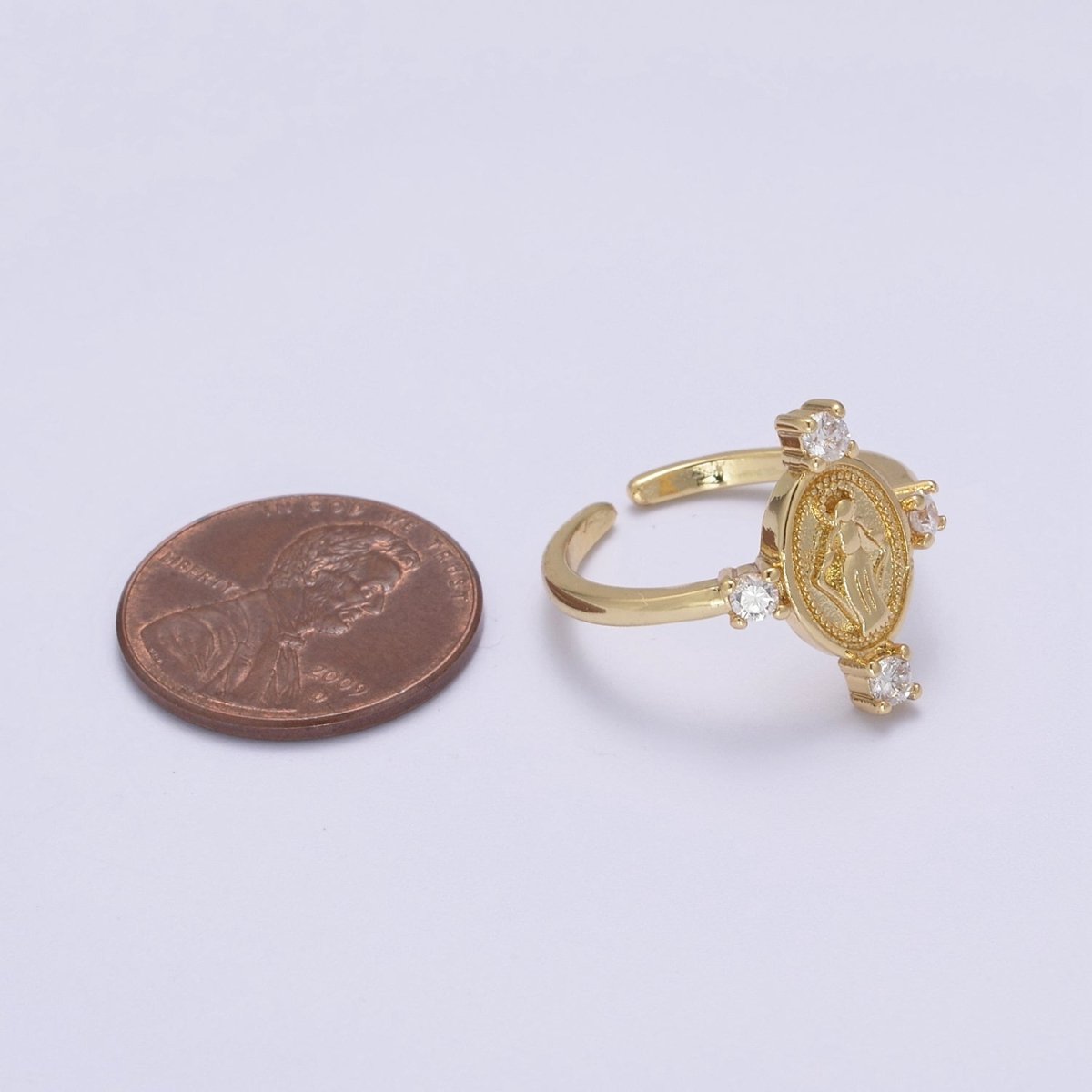 24K Gold Filled Oval Virgin Mary Ring, Crystal Zirconia CZ Adjustable Stacking Ring, Gift For Her | U-468
