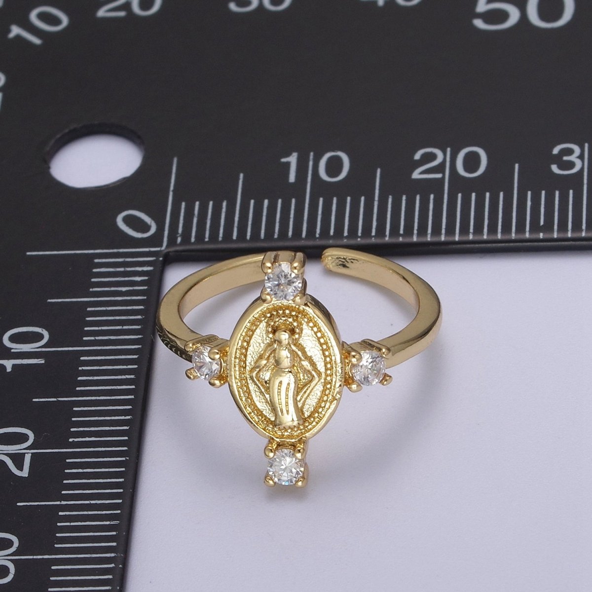24K Gold Filled Oval Virgin Mary Ring, Crystal Zirconia CZ Adjustable Stacking Ring, Gift For Her | U-468