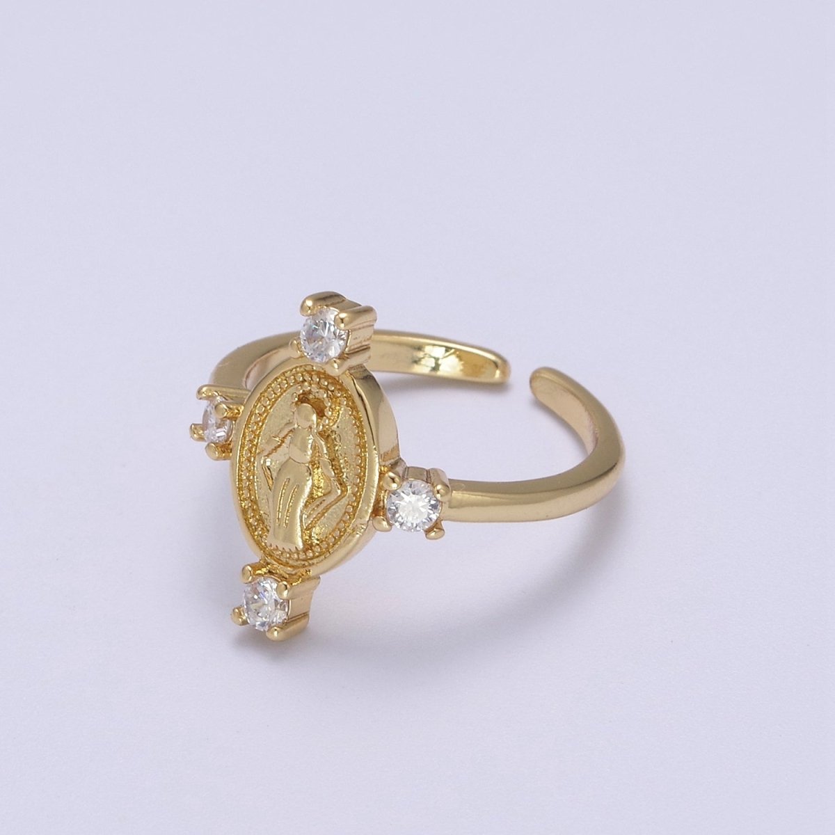 24K Gold Filled Oval Virgin Mary Ring, Crystal Zirconia CZ Adjustable Stacking Ring, Gift For Her | U-468