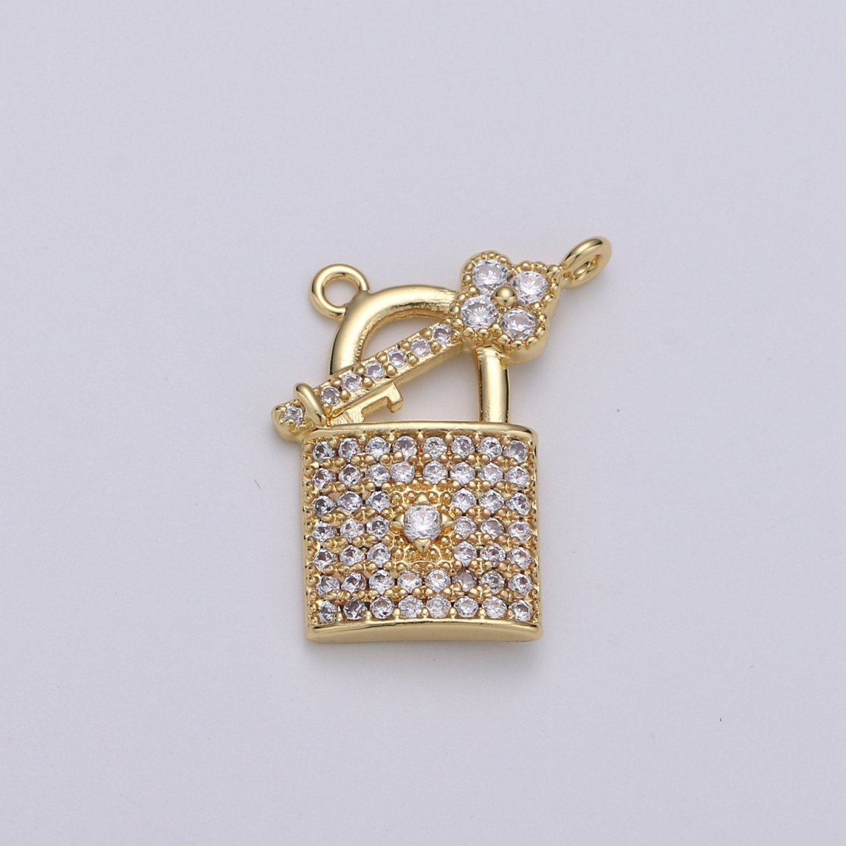 24k Gold Filled Padlock and Key CZ Micro Pave Charm Pendant Lock and Key Charm Necklace for Statement Necklace Component D-617