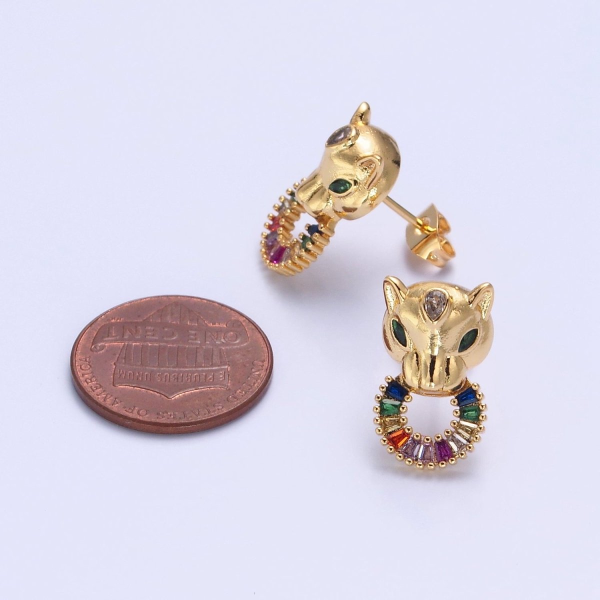 24K Gold Filled Panther Stud Earrings with Multicolor Baguette CZ Cubic Zirconia V-447