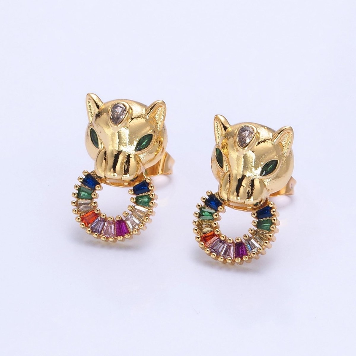 24K Gold Filled Panther Stud Earrings with Multicolor Baguette CZ Cubic Zirconia V-447