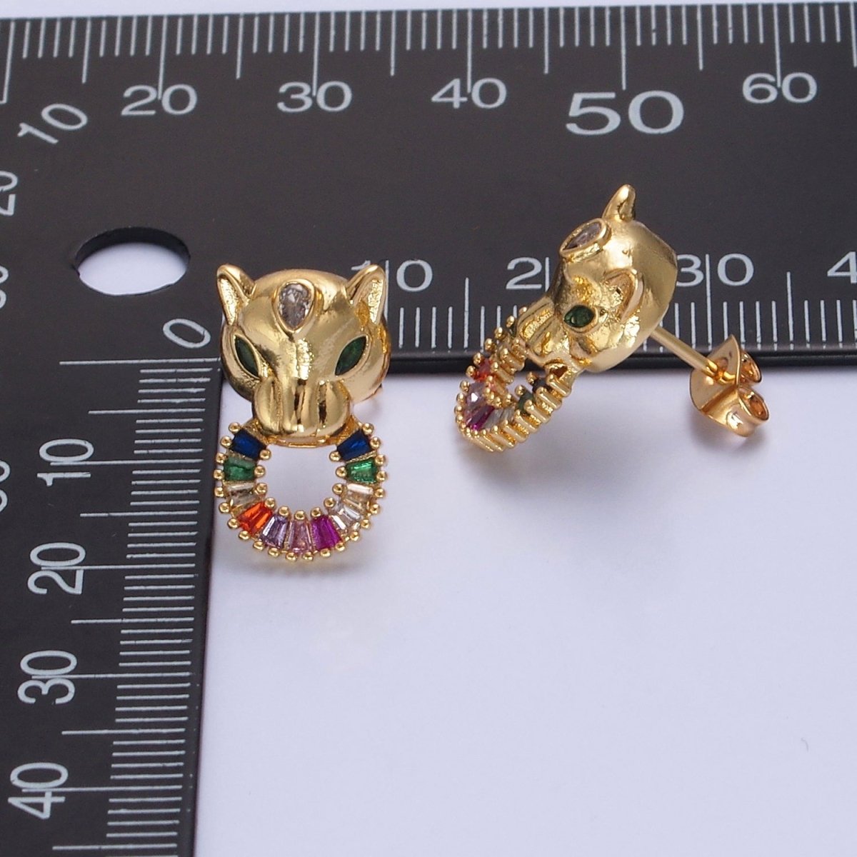 24K Gold Filled Panther Stud Earrings with Multicolor Baguette CZ Cubic Zirconia V-447