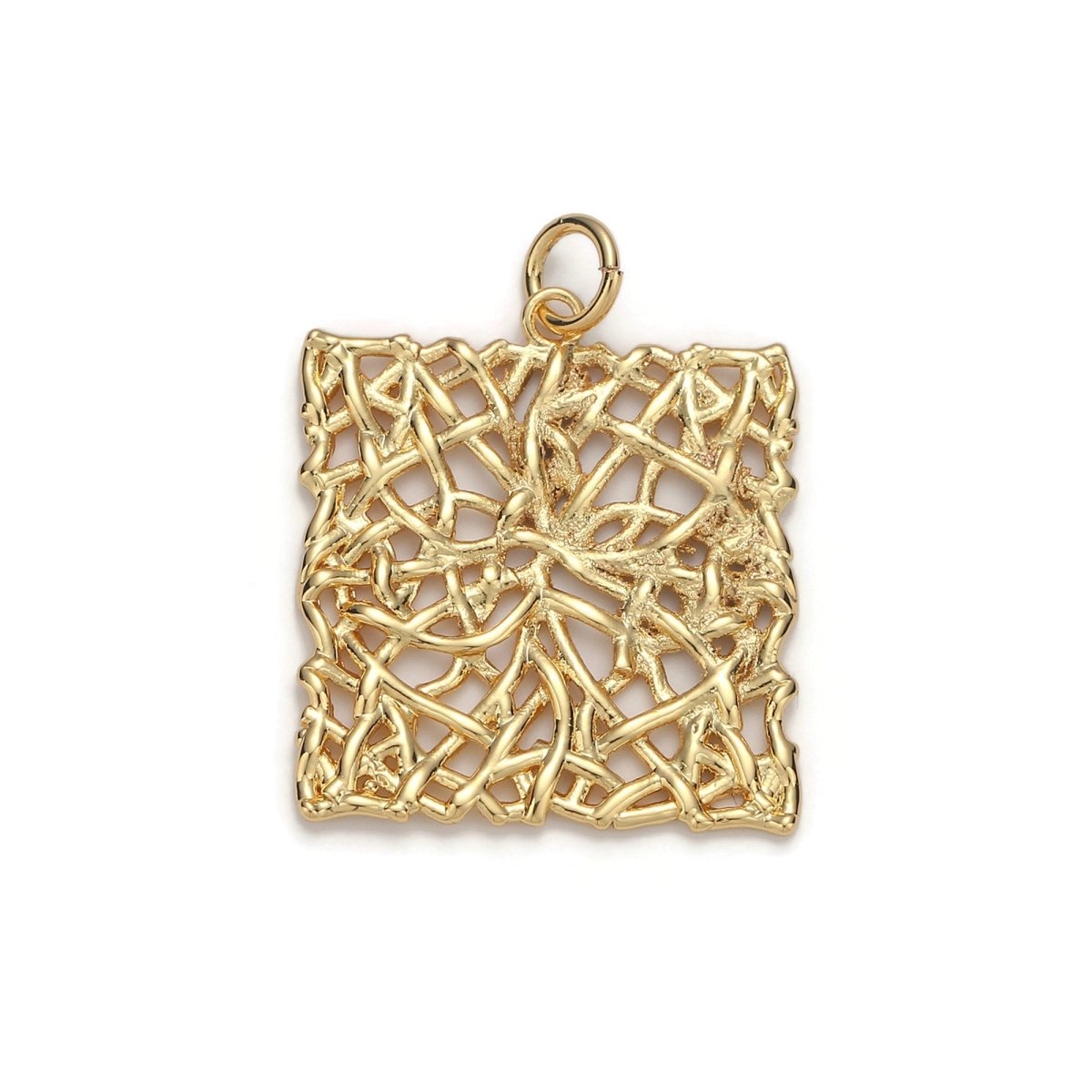 24k Gold Filled Patterned Square Charm, Branch Paisley Pendant Charm, Gold Filled Charm, For DIY Jewelry, Gold Color D-054