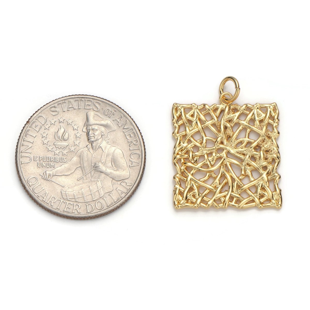 24k Gold Filled Patterned Square Charm, Branch Paisley Pendant Charm, Gold Filled Charm, For DIY Jewelry, Gold Color D-054