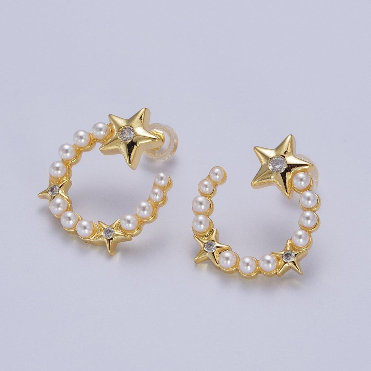 24K Gold Filled Pearl Crescent Moon Stars CZ Celestial Circular Stud Earrings | AD-229