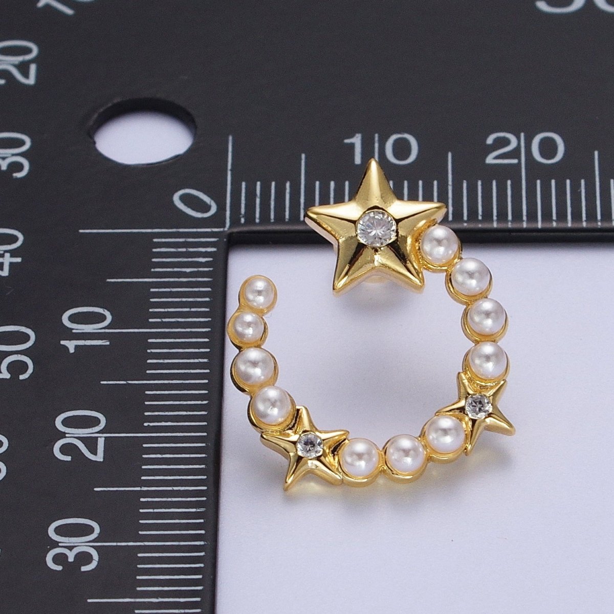 24K Gold Filled Pearl Crescent Moon Stars CZ Celestial Circular Stud Earrings | AD-229
