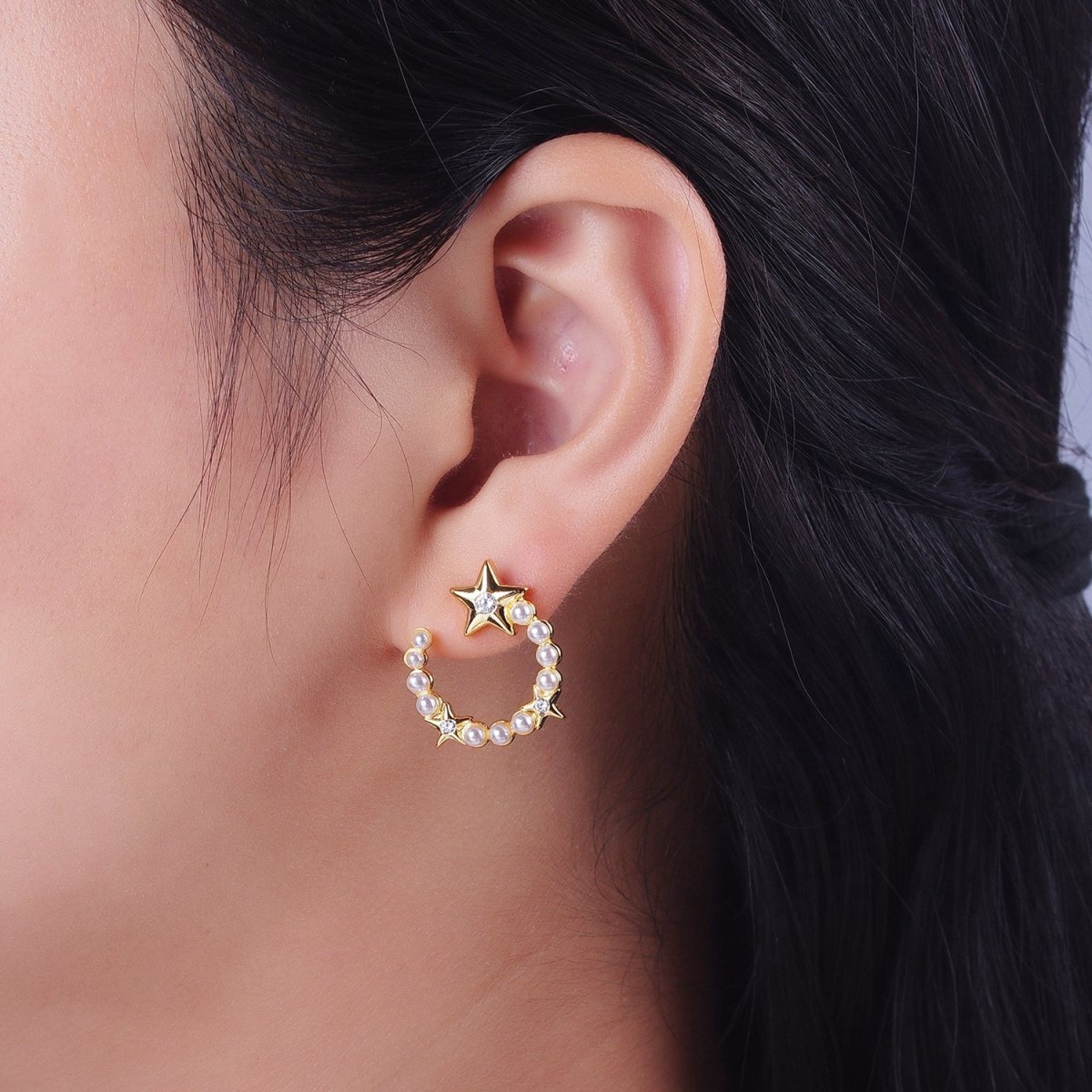 24K Gold Filled Pearl Crescent Moon Stars CZ Celestial Circular Stud Earrings | AD-229