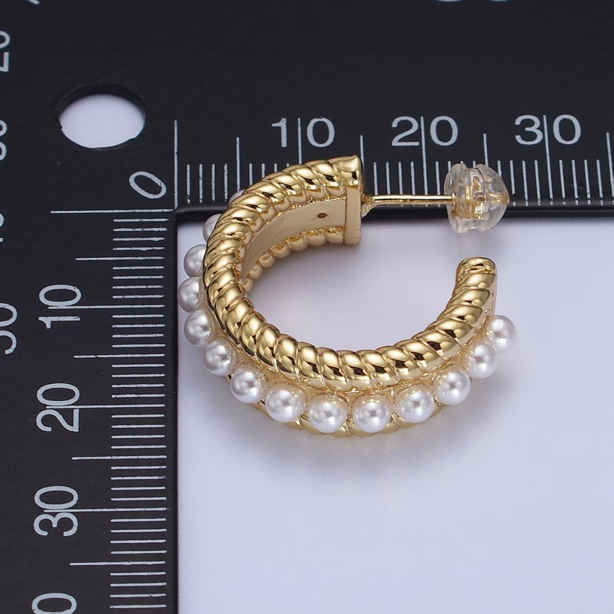 24K Gold Filled Pearl Lined Double Croissant Twist Wide C-Shaped Hoops in Gold & Silver | AB344 AB345