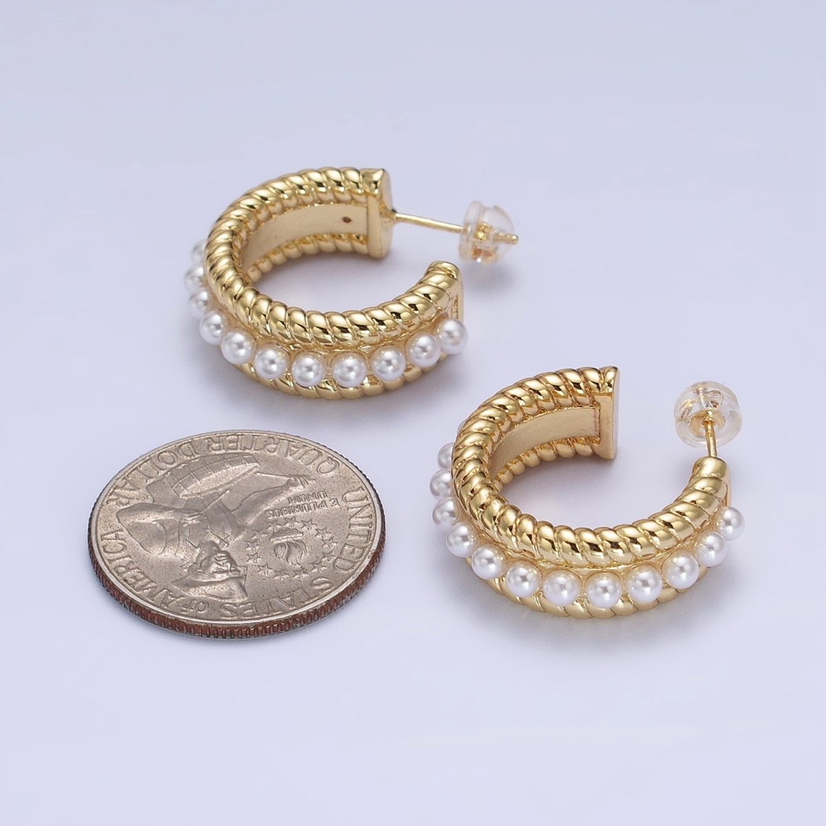 24K Gold Filled Pearl Lined Double Croissant Twist Wide C-Shaped Hoops in Gold & Silver | AB344 AB345