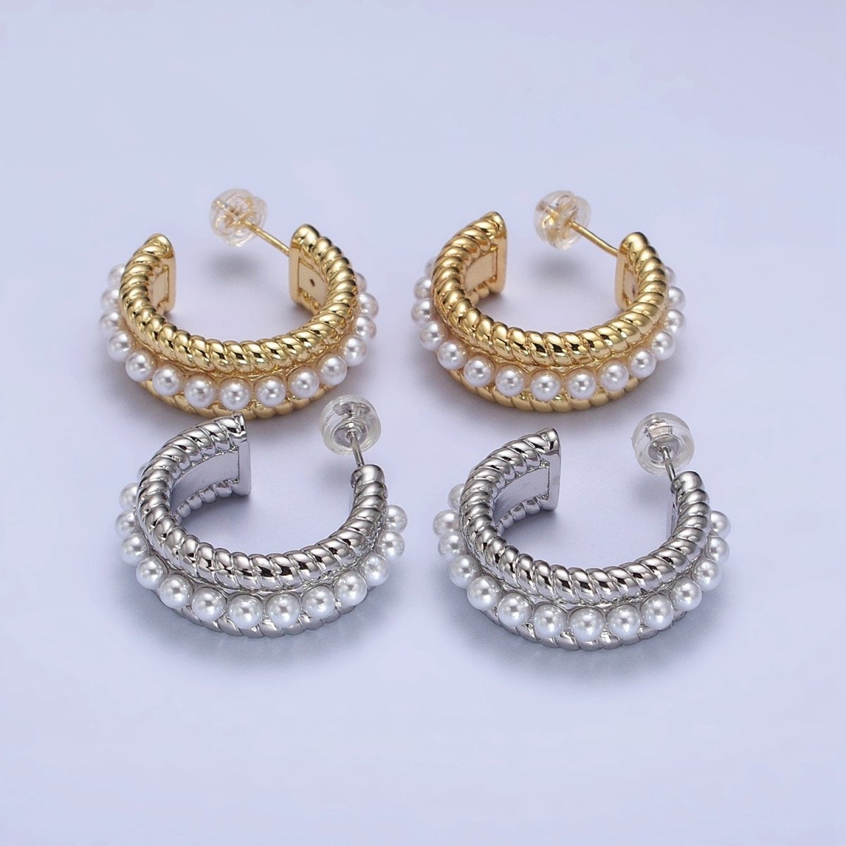 24K Gold Filled Pearl Lined Double Croissant Twist Wide C-Shaped Hoops in Gold & Silver | AB344 AB345