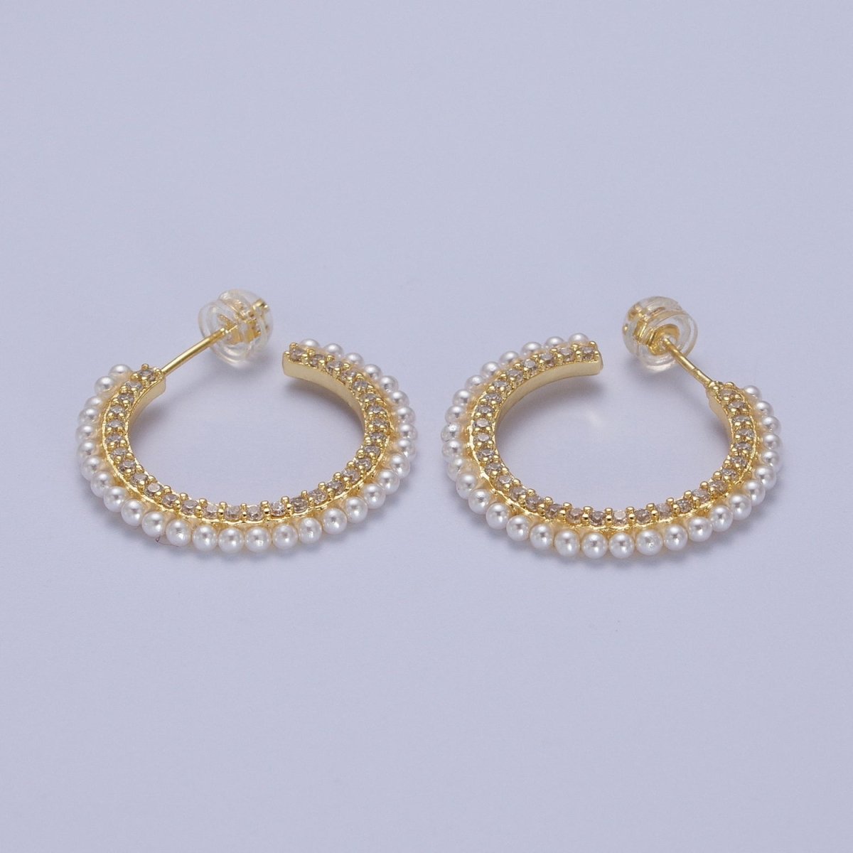 24K Gold Filled Pearl Lined Front Micro Paved CZ Side C-Shaped 26mm Hoop Earrings | AD-226