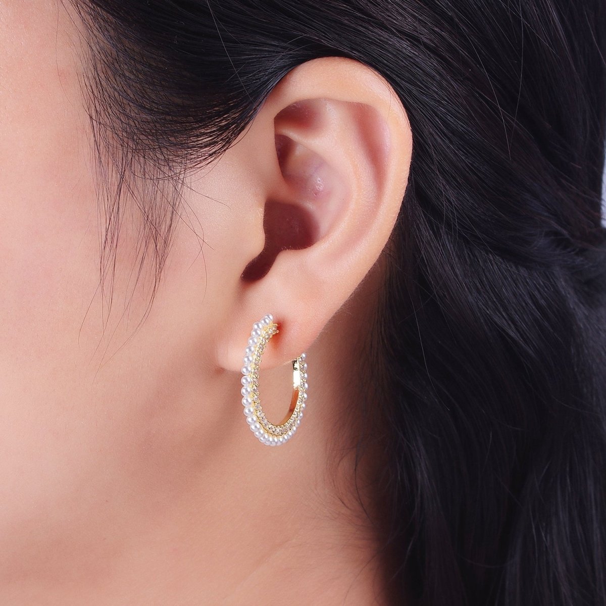 24K Gold Filled Pearl Lined Front Micro Paved CZ Side C-Shaped 26mm Hoop Earrings | AD-226