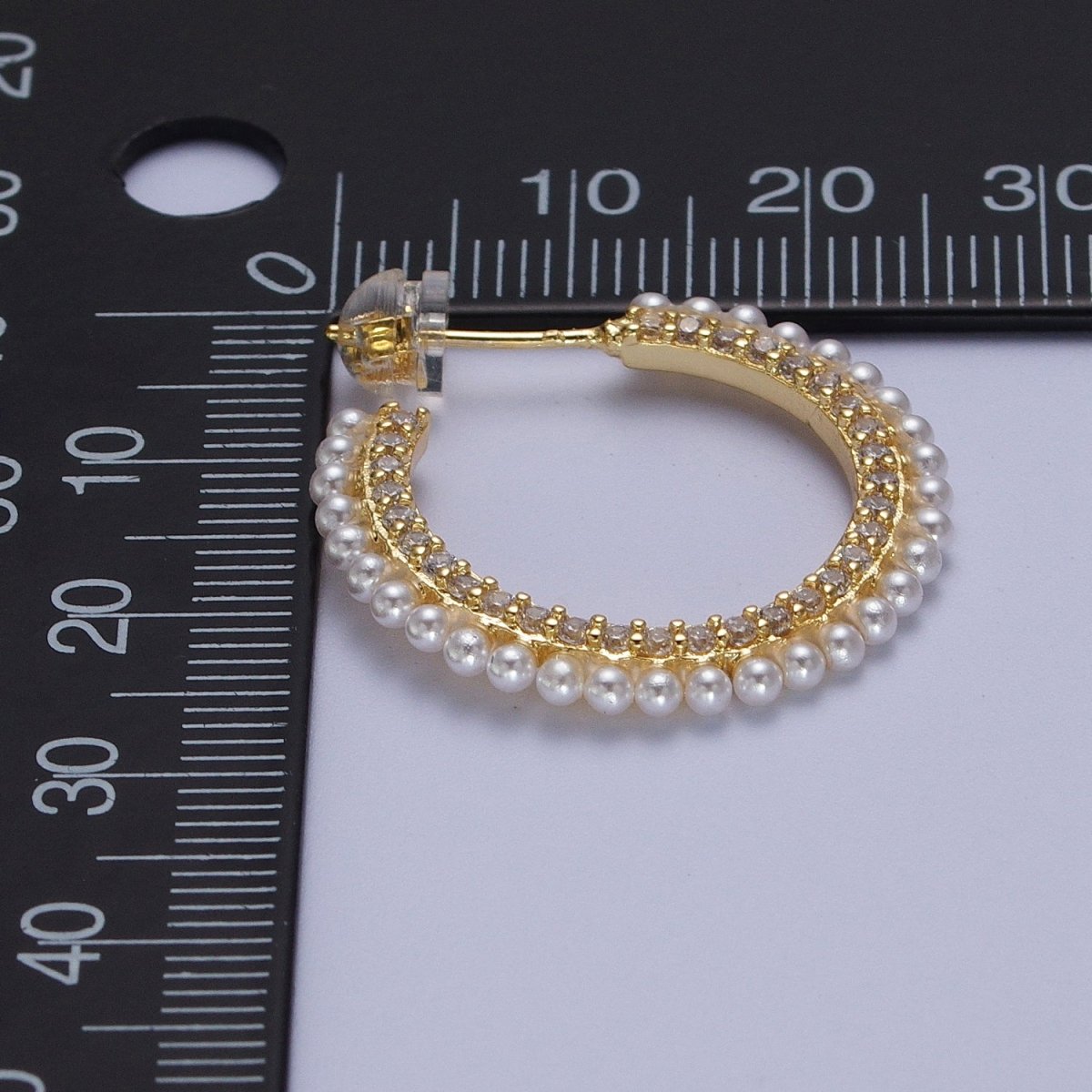 24K Gold Filled Pearl Lined Front Micro Paved CZ Side C-Shaped 26mm Hoop Earrings | AD-226