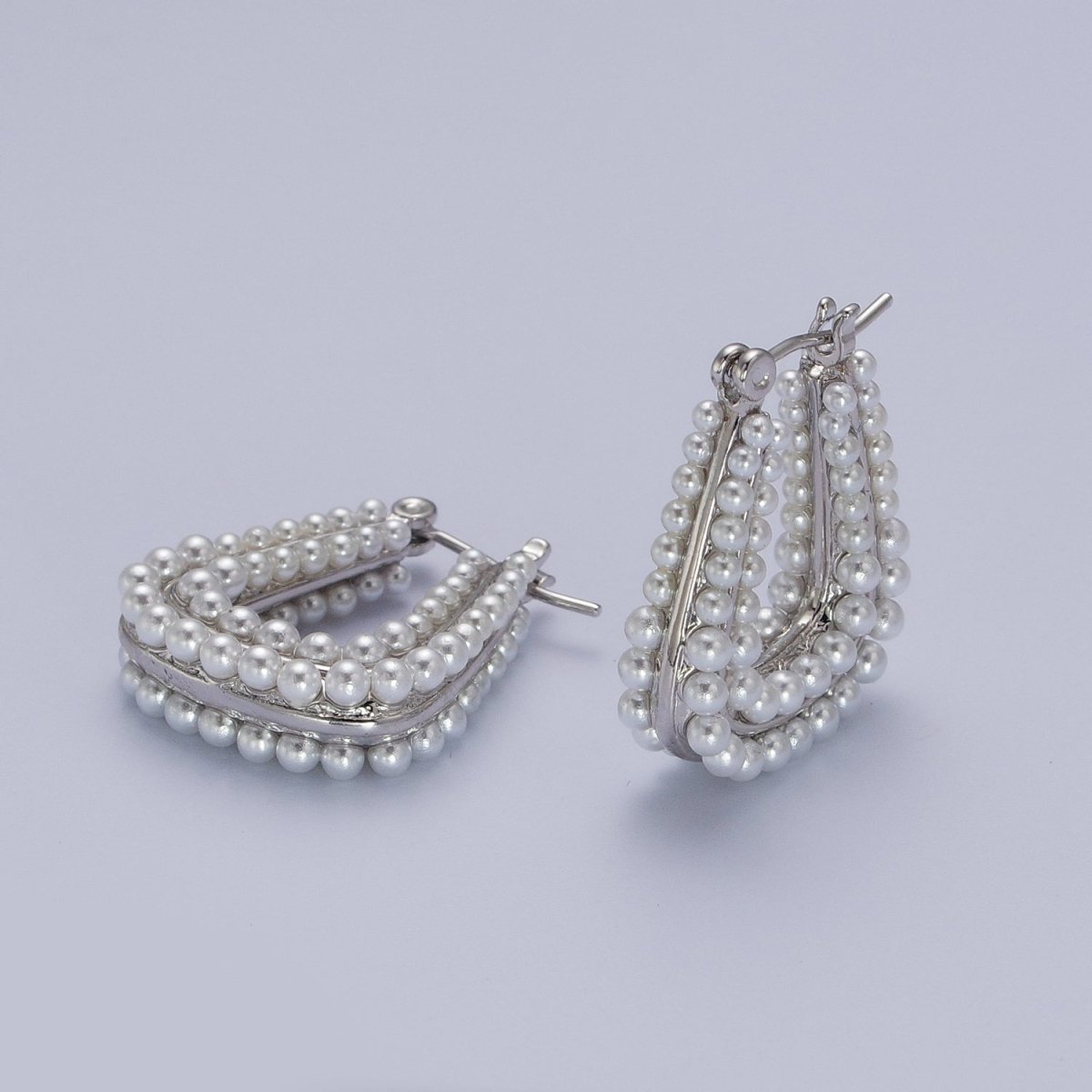 24K Gold Filled Pearl Lined Geometric Latch Hoops Earrings in Gold & Silver | V-032