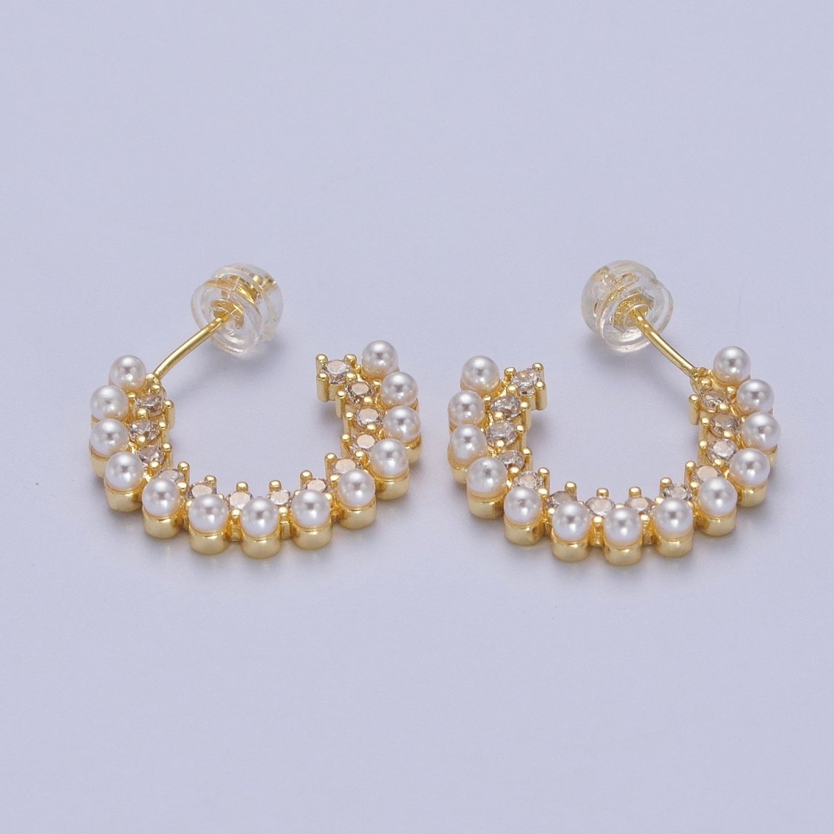 24K Gold Filled Pearl Lined Micro Paved CZ Side C-Shaped 21mm Hoop Earrings | AD-227