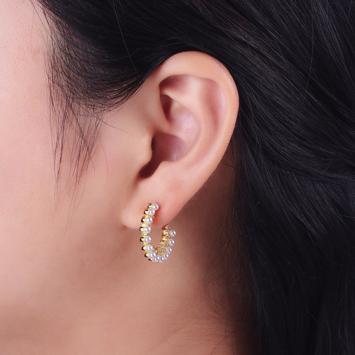 24K Gold Filled Pearl Lined Micro Paved CZ Side C-Shaped 21mm Hoop Earrings | AD-227