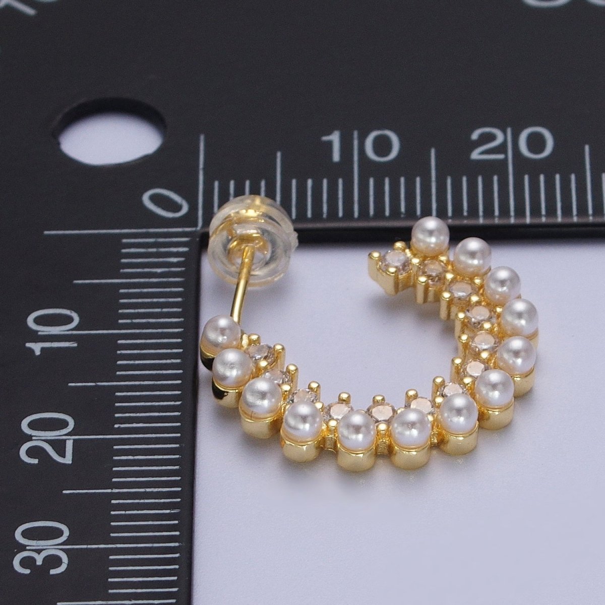 24K Gold Filled Pearl Lined Micro Paved CZ Side C-Shaped 21mm Hoop Earrings | AD-227