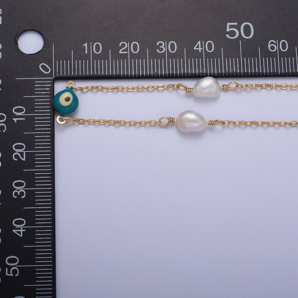 24K Gold Filled Pearl Teal Enamel Evil Eye Designed Unfinished Chain by Yard | ROLL-875 Clearance Pricing