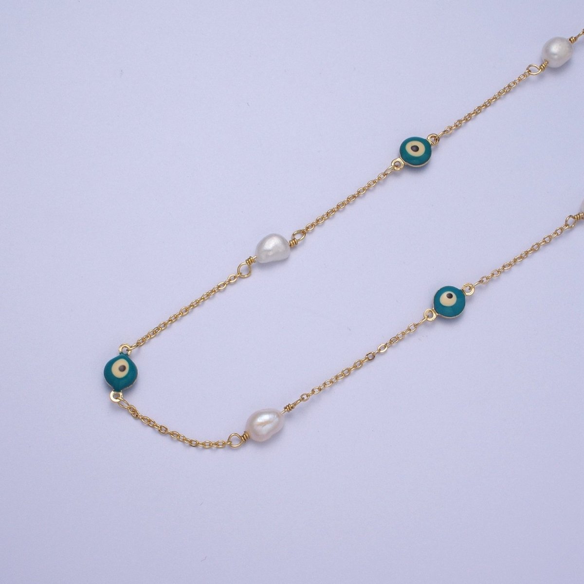 24K Gold Filled Pearl Teal Enamel Evil Eye Designed Unfinished Chain by Yard | ROLL-875 Clearance Pricing