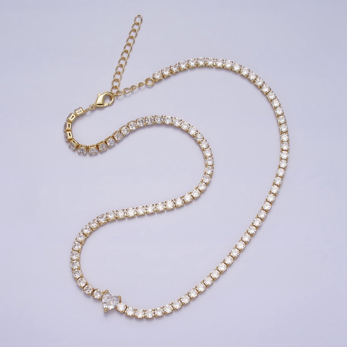 24K Gold Filled Pink Clear CZ Heart Valentine Tennis Chain 13.75mm Choker Minimalist Necklace | WA-1732 WA-1733 Clearance Pricing