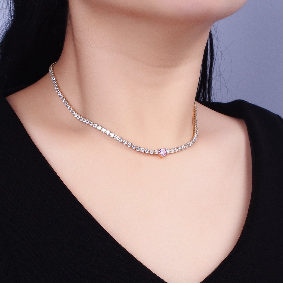24K Gold Filled Pink Clear CZ Heart Valentine Tennis Chain 13.75mm Choker Minimalist Necklace | WA-1732 WA-1733 Clearance Pricing