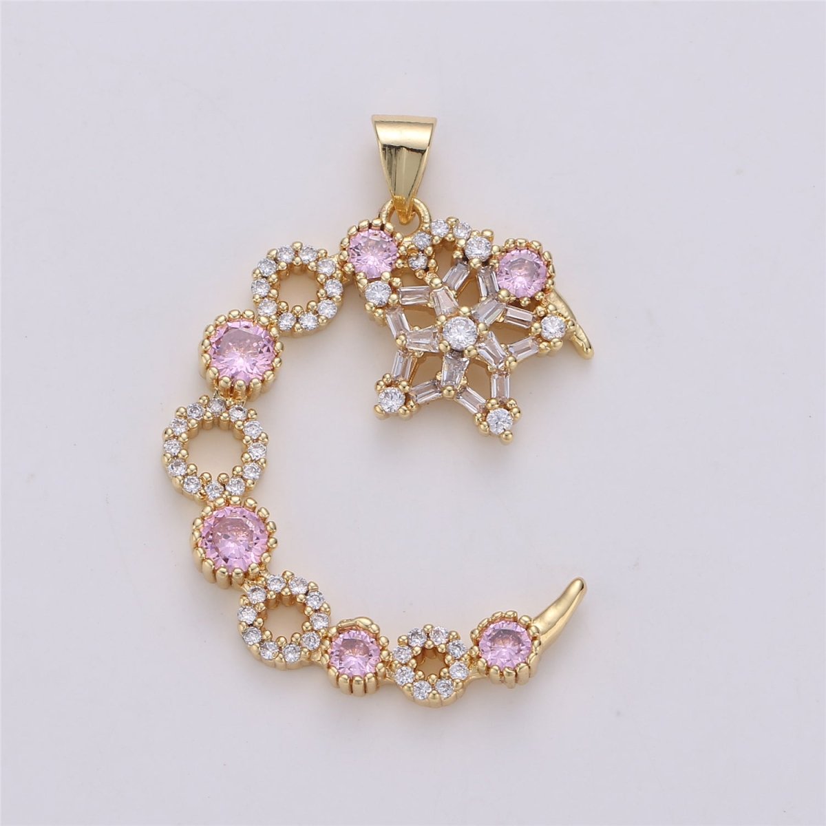 24K Gold Filled Pink Clear Micro Paved Cubic Zirconia Moon and Stars Pendant  I-577