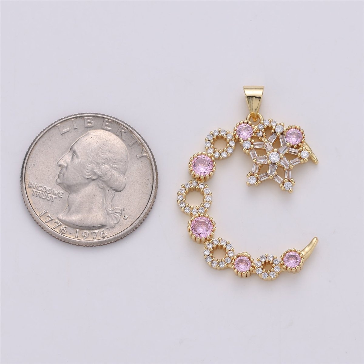 24K Gold Filled Pink Clear Micro Paved Cubic Zirconia Moon and Stars Pendant  I-577