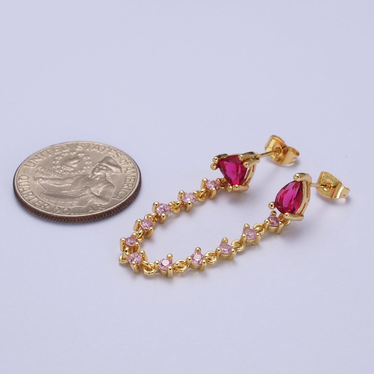 24K Gold Filled Pink Cubic Zirconia Chain Link Double Fuchsia Teardrop Stud Earrings | AD-117
