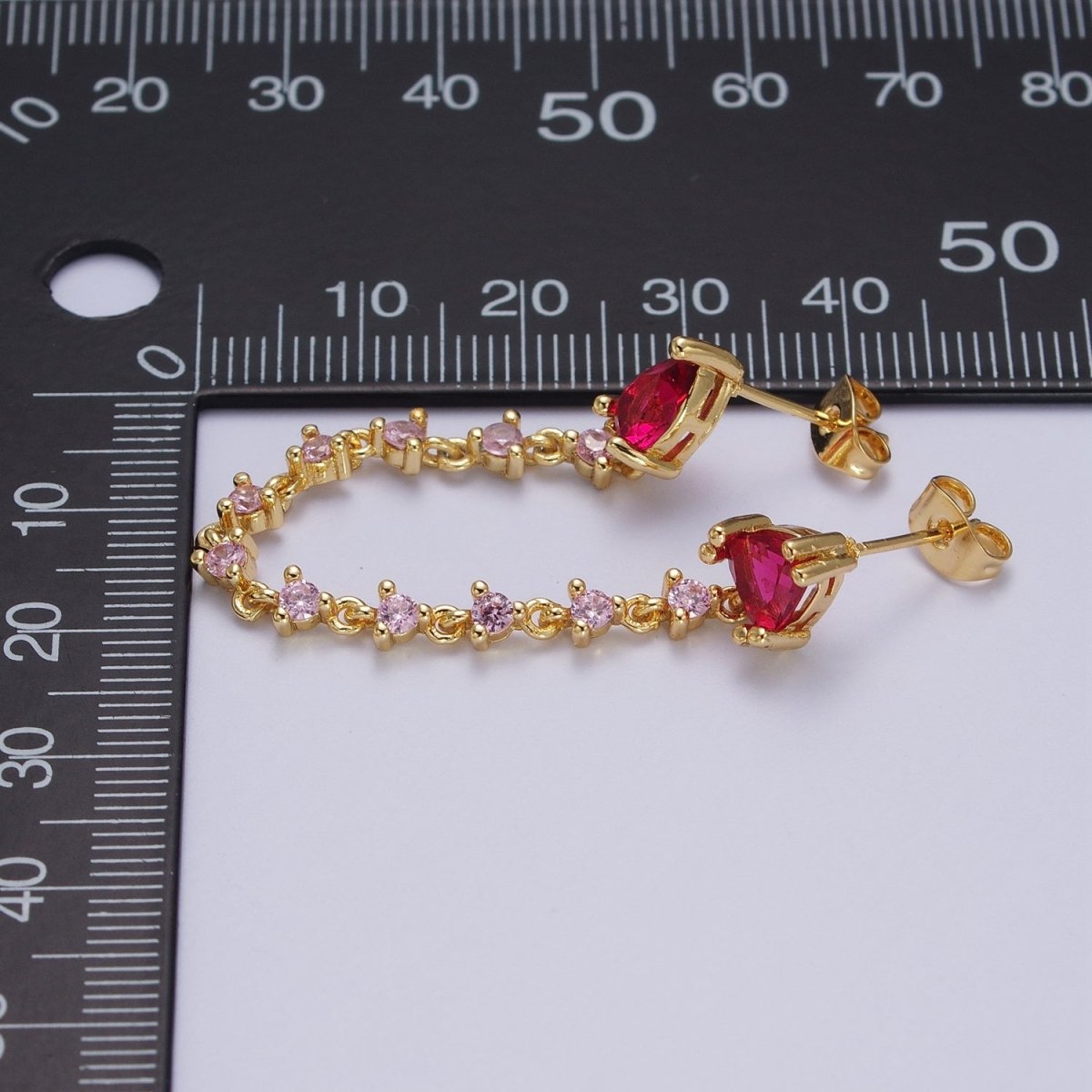 24K Gold Filled Pink Cubic Zirconia Chain Link Double Fuchsia Teardrop Stud Earrings | AD-117