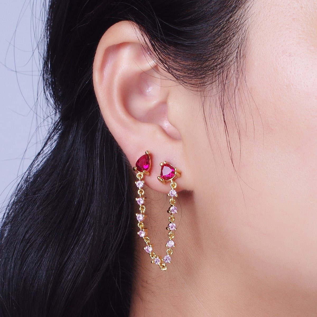 24K Gold Filled Pink Cubic Zirconia Chain Link Double Fuchsia Teardrop Stud Earrings | AD-117