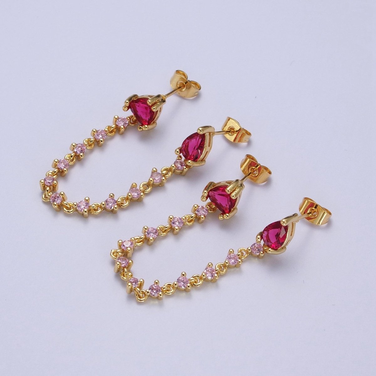 24K Gold Filled Pink Cubic Zirconia Chain Link Double Fuchsia Teardrop Stud Earrings | AD-117