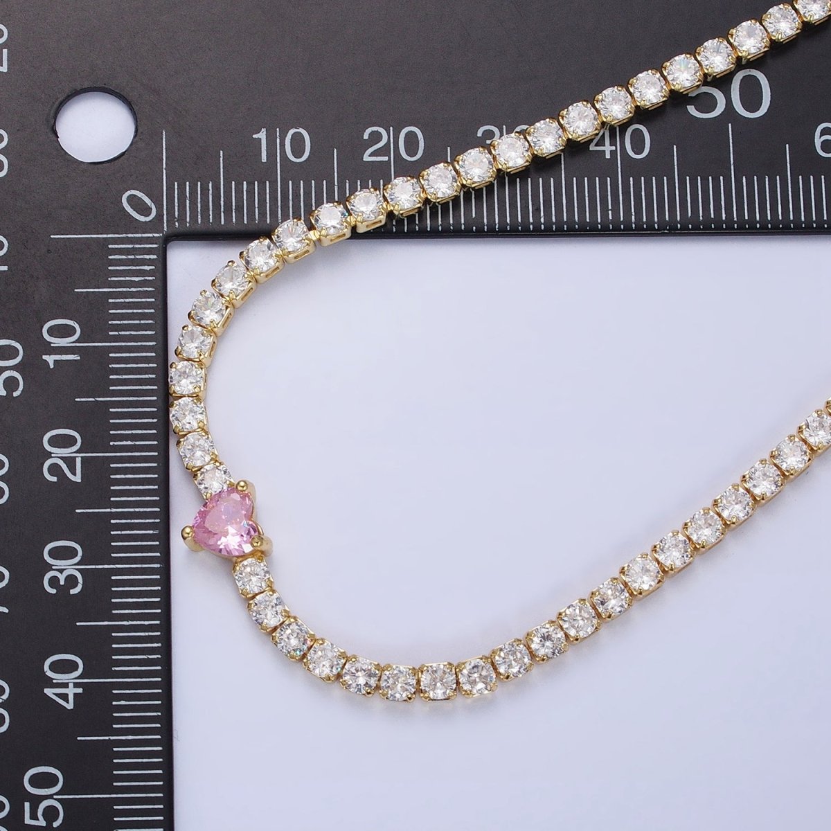 24K Gold Filled Pink CZ Heart Valentine Tennis Chain 13.5mm Choker Statement Necklace | WA-1673 Clearance Pricing