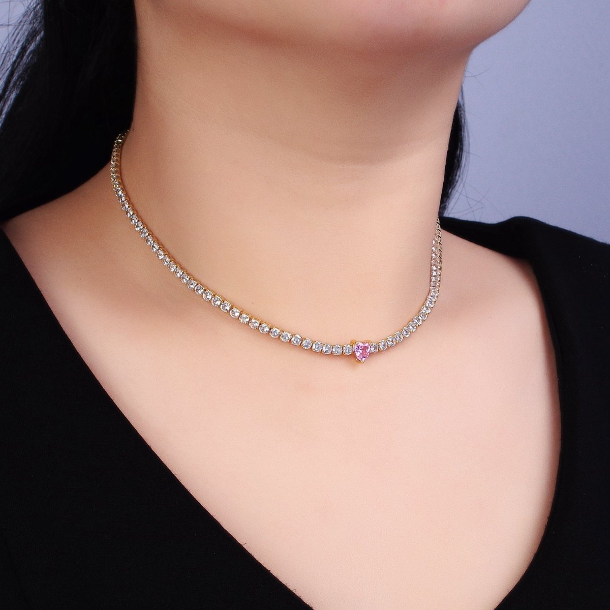 24K Gold Filled Pink CZ Heart Valentine Tennis Chain 13.5mm Choker Statement Necklace | WA-1673 Clearance Pricing