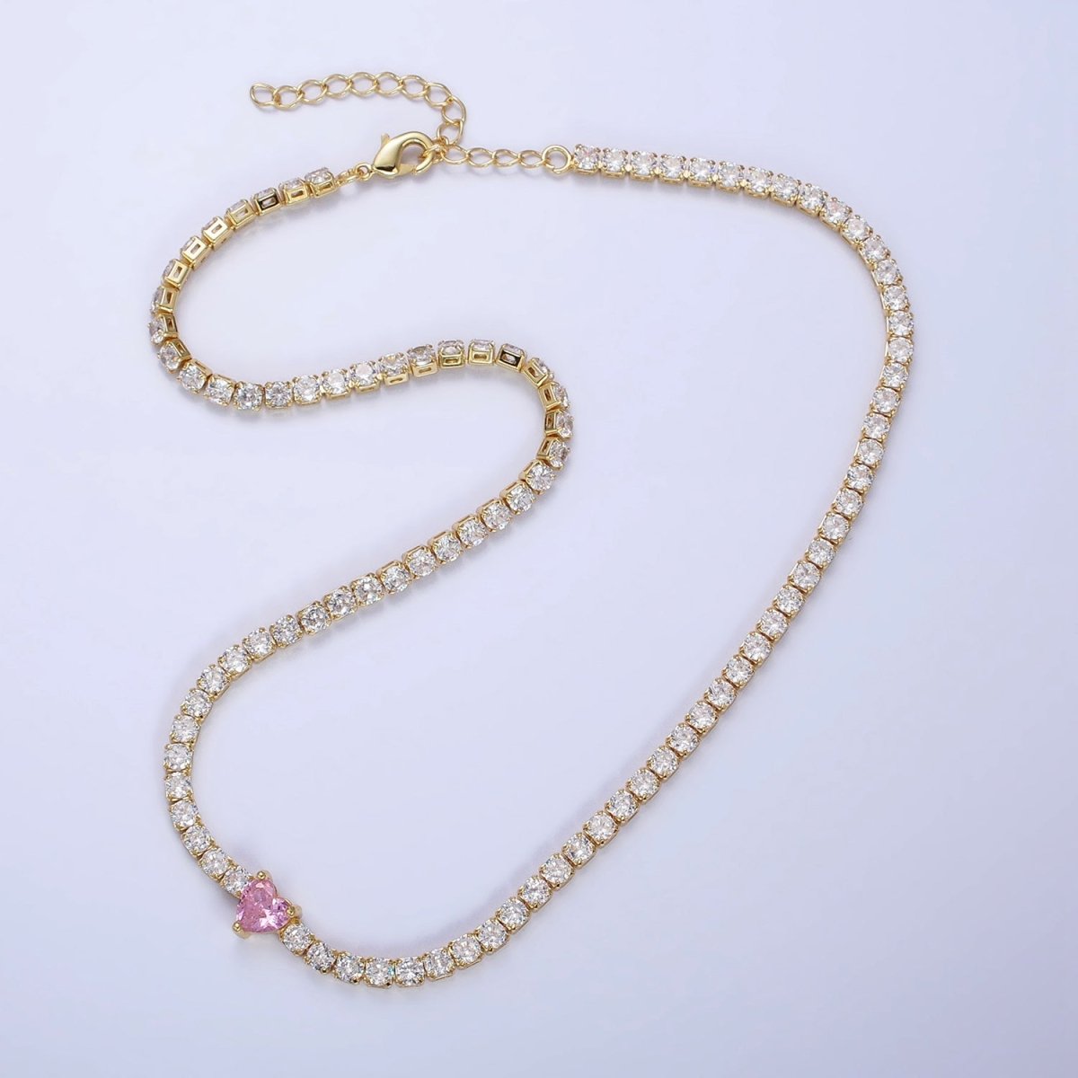 24K Gold Filled Pink CZ Heart Valentine Tennis Chain 13.5mm Choker Statement Necklace | WA-1673 Clearance Pricing
