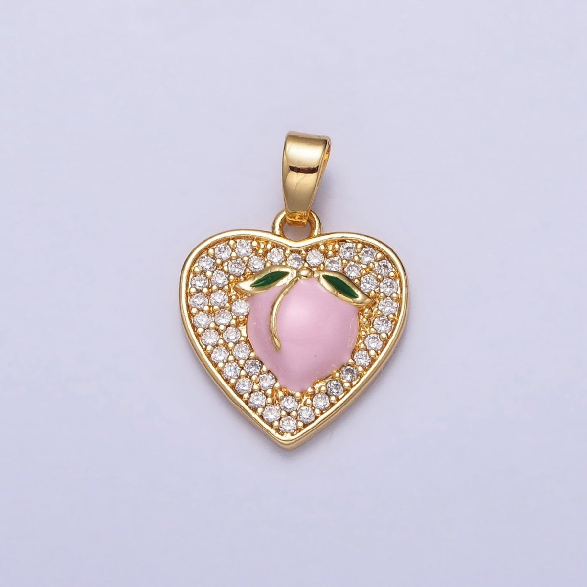24K Gold Filled Pink Enamel Peach Fruit Clear Micro Paved Heart Pendant | AA107