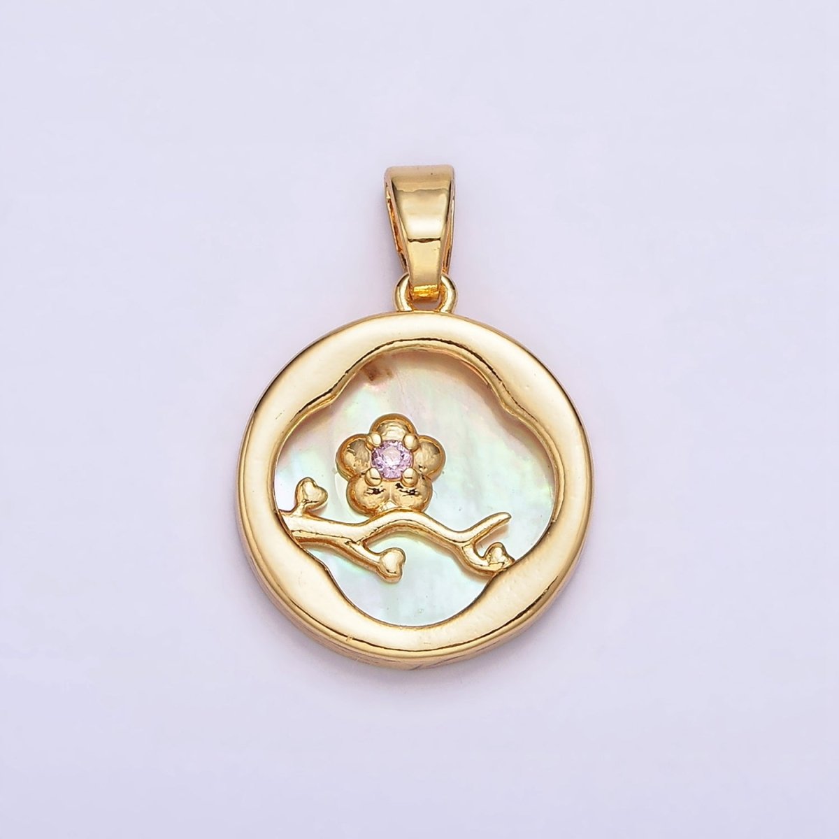 24K Gold Filled Pink Flower CZ Branch Shell Pearl Quatrefoil Round Pendant | AA576