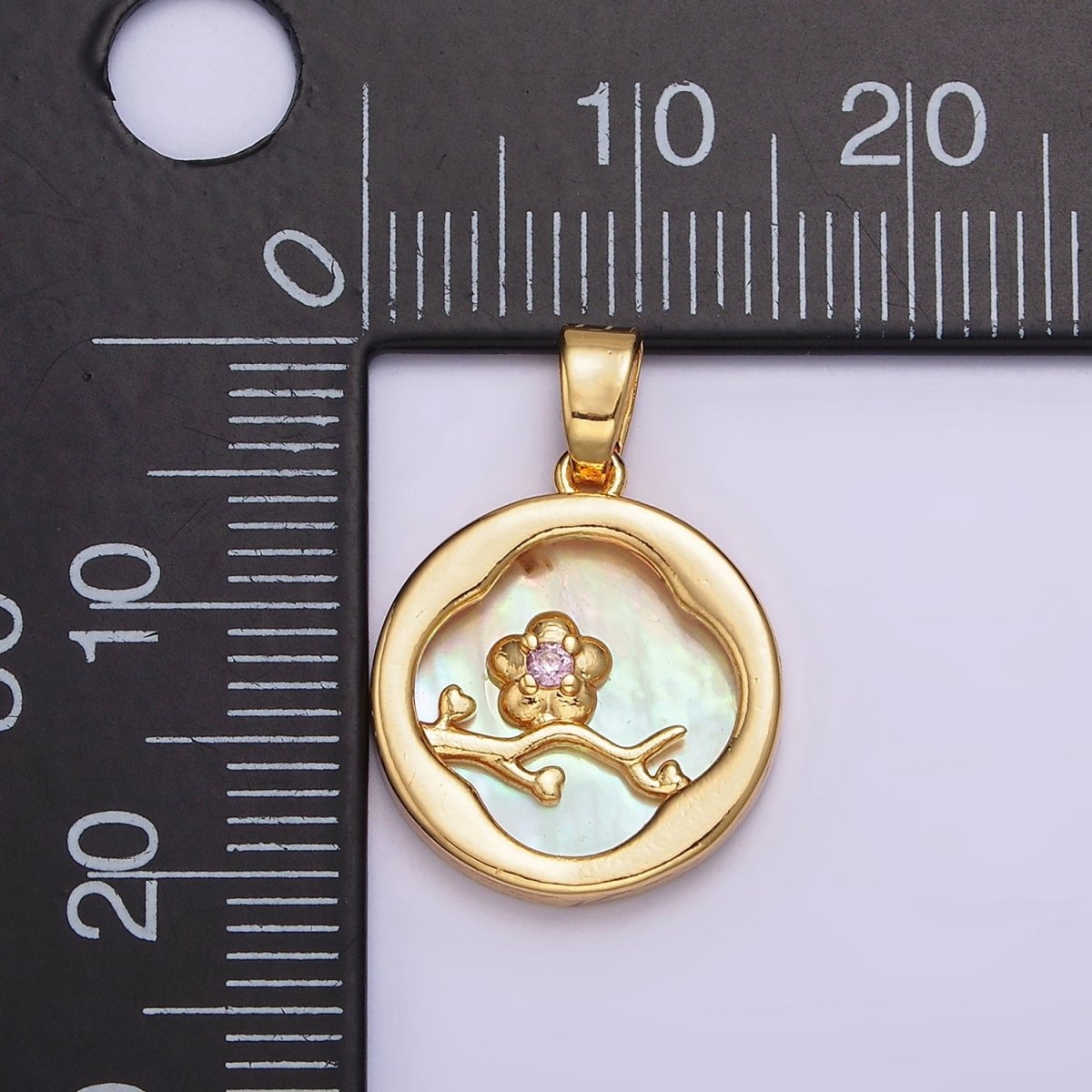 24K Gold Filled Pink Flower CZ Branch Shell Pearl Quatrefoil Round Pendant | AA576