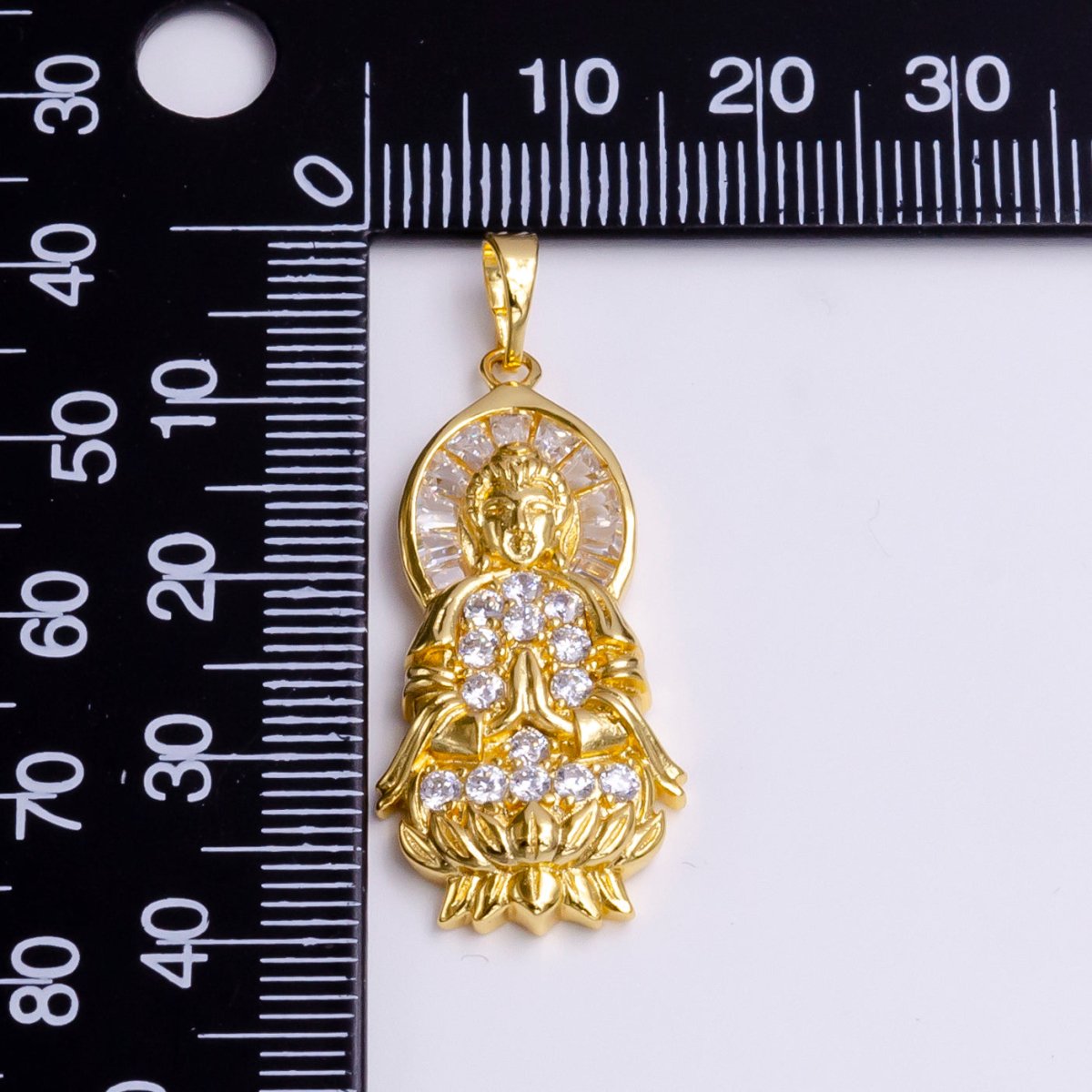 24K Gold Filled Praying Buddha Flower Clear Baguette Micro Paved CZ Pendant | AA486
