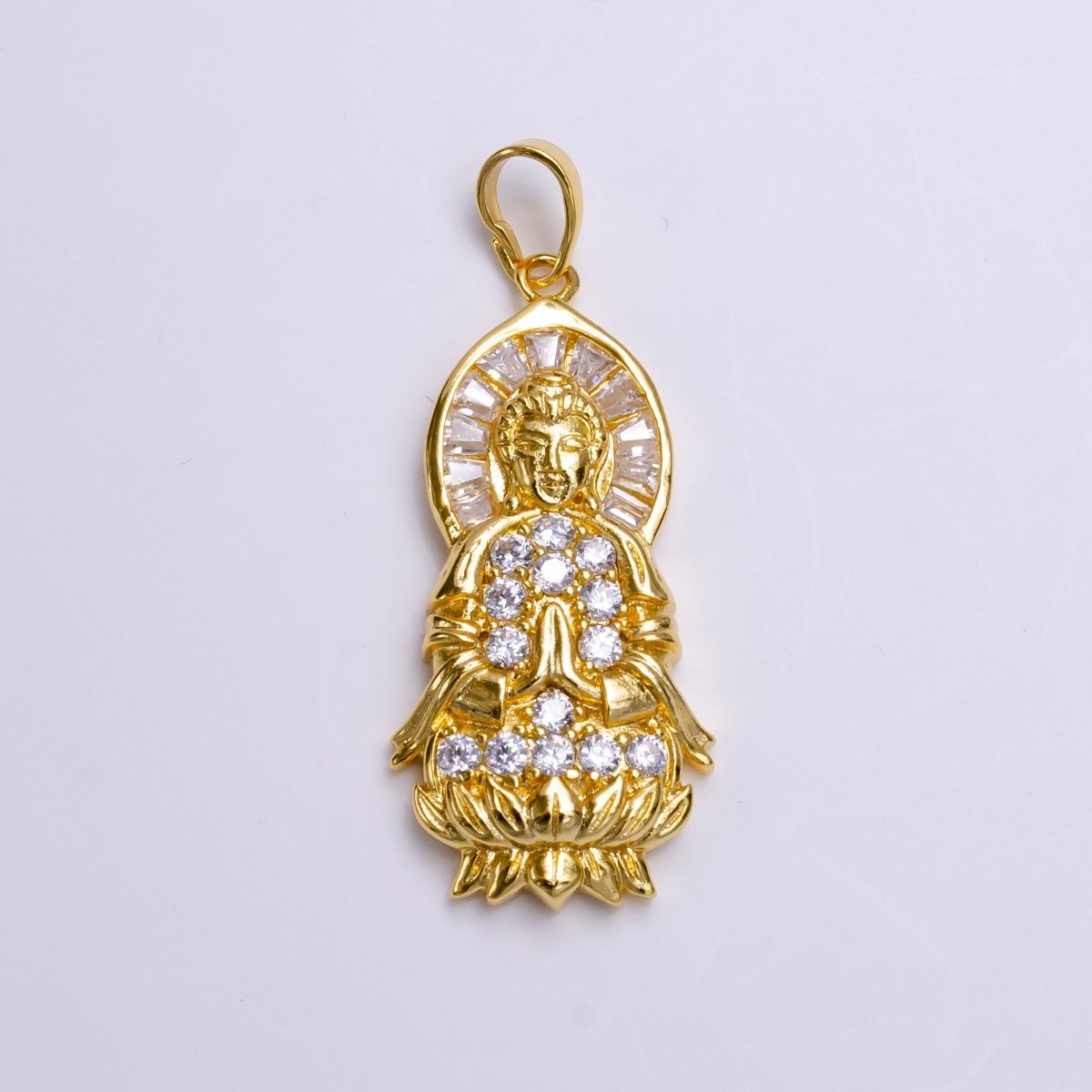 24K Gold Filled Praying Buddha Flower Clear Baguette Micro Paved CZ Pendant | AA486