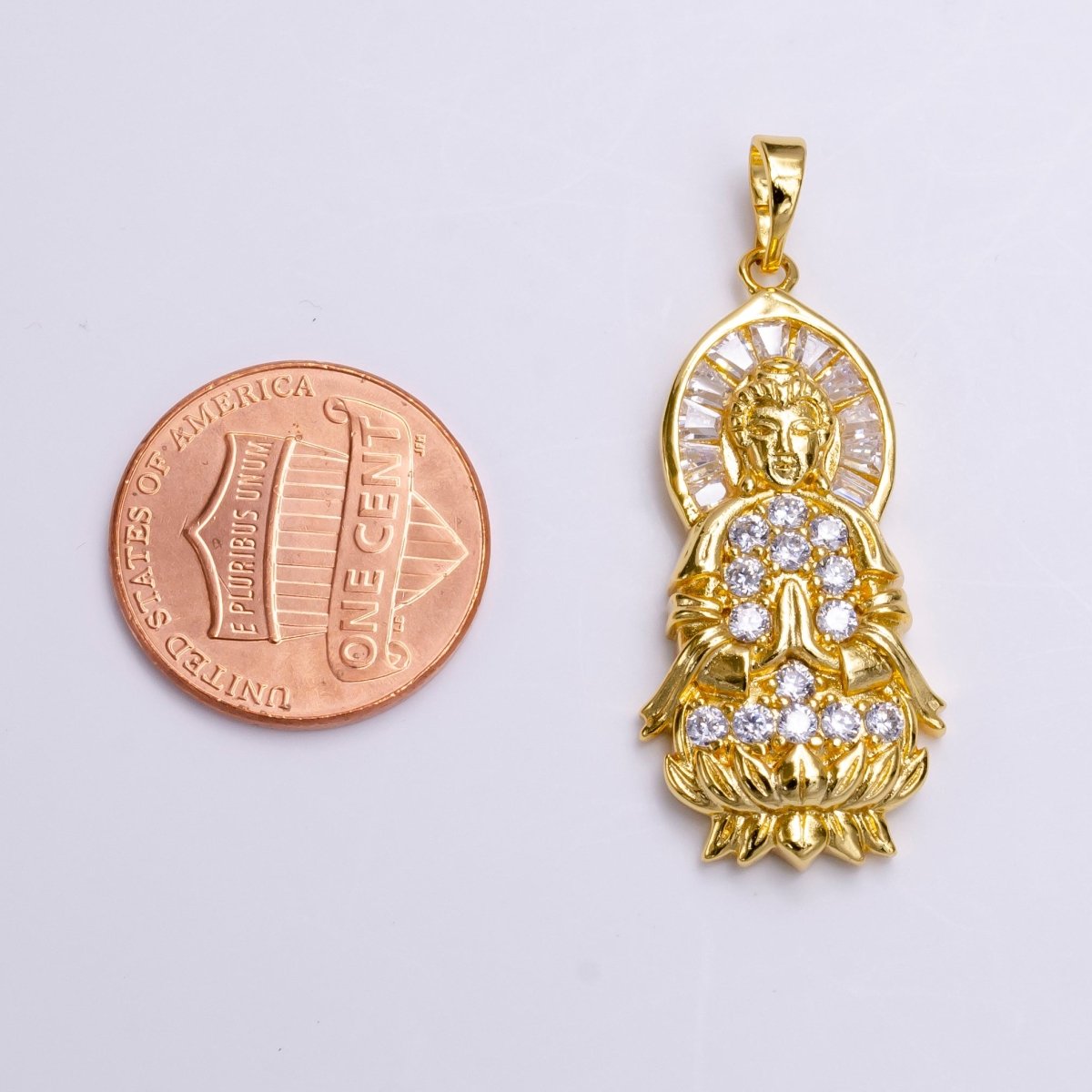 24K Gold Filled Praying Buddha Flower Clear Baguette Micro Paved CZ Pendant | AA486