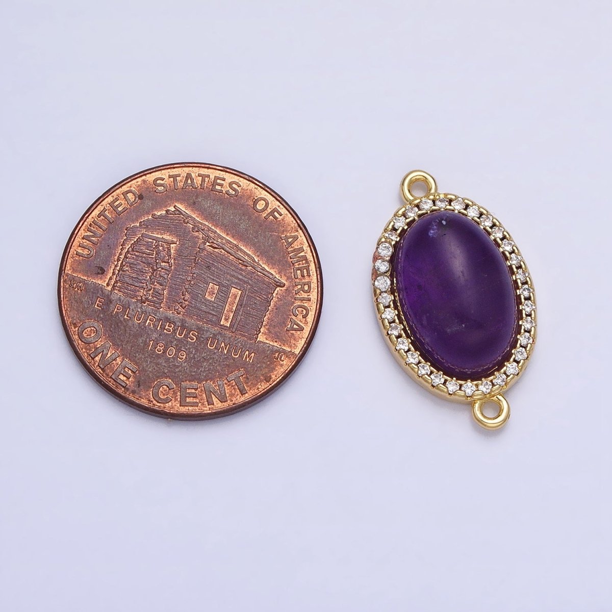 24K Gold Filled Purple Amethyst Natural Gemstone Micro Paved CZ Oval Connector | Y-795