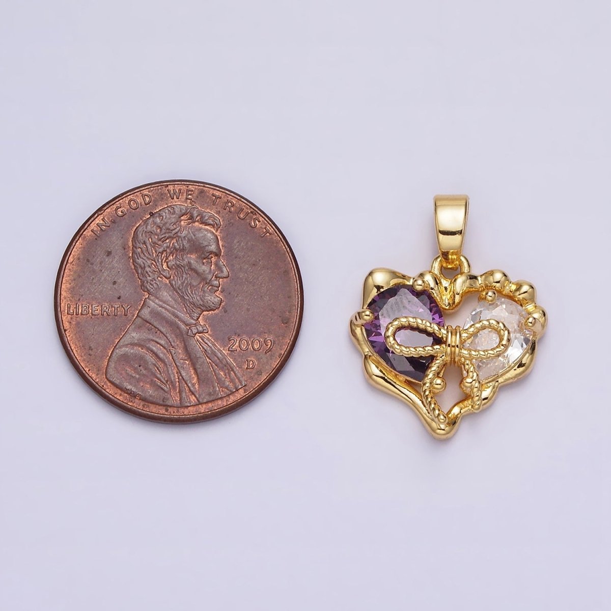 24K Gold Filled Purple Pink Teardrop CZ Ribbon Tied Molten Drip Open Heart Pendant | AA569