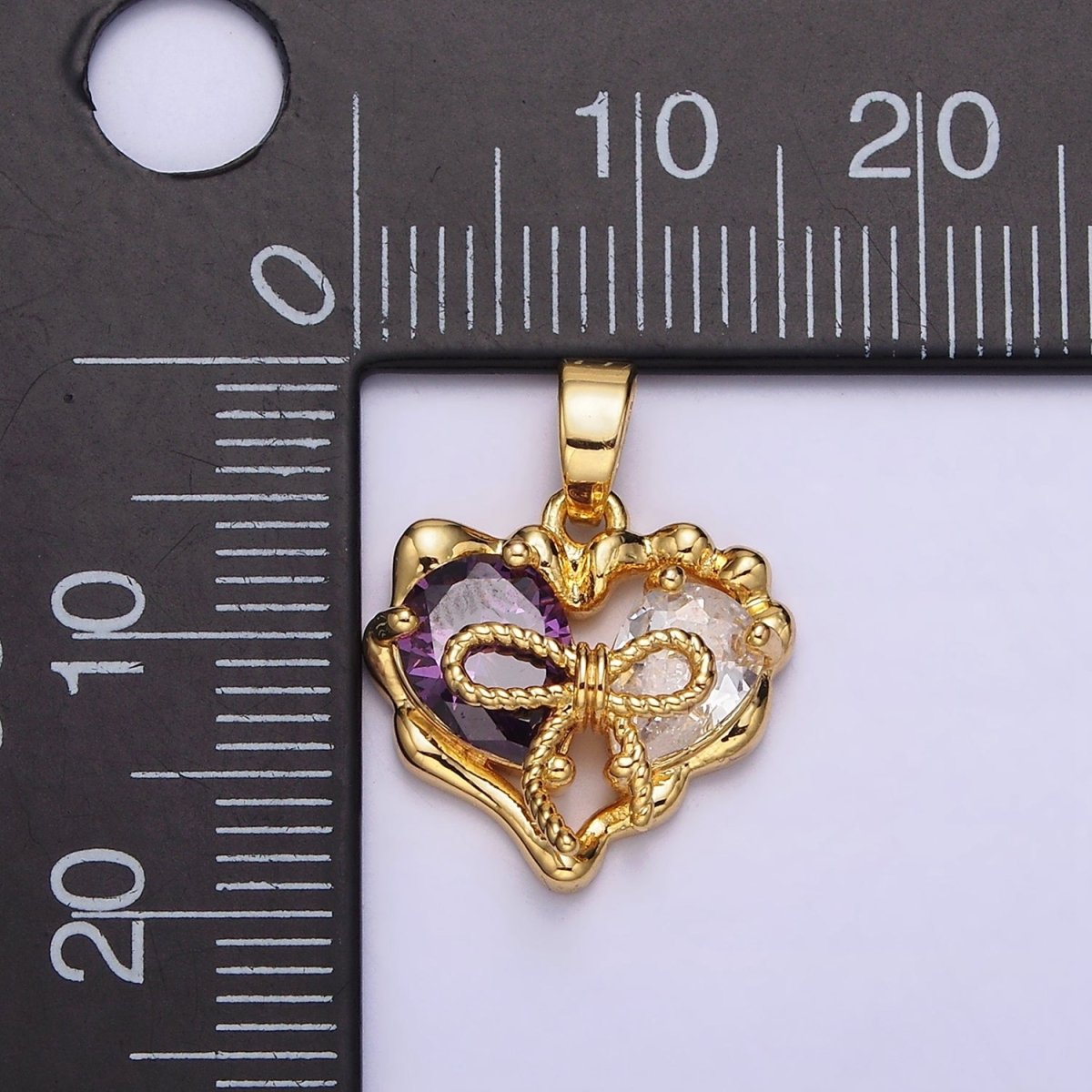 24K Gold Filled Purple Pink Teardrop CZ Ribbon Tied Molten Drip Open Heart Pendant | AA569