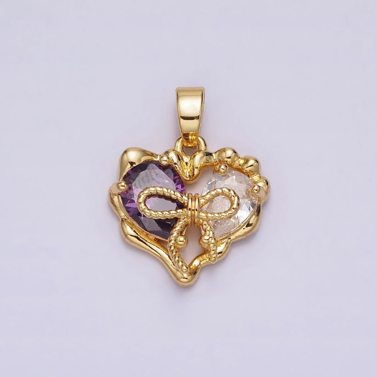 24K Gold Filled Purple Pink Teardrop CZ Ribbon Tied Molten Drip Open Heart Pendant | AA569